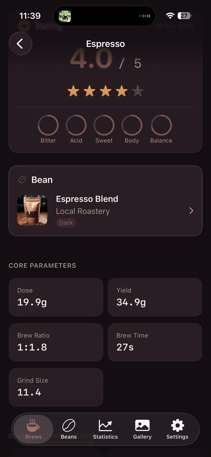My Coffee Journal Brew Screen