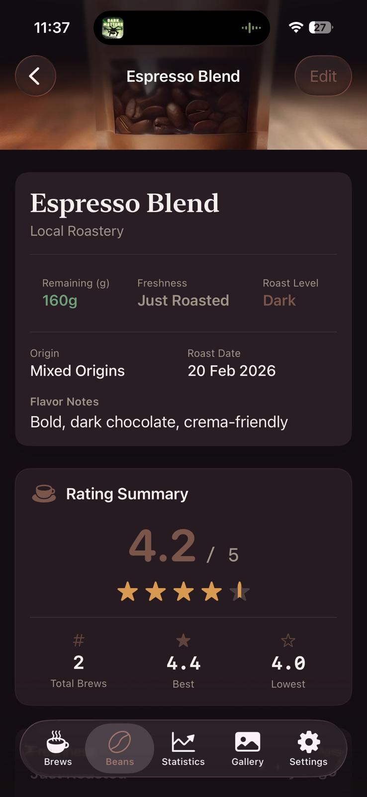 My Coffee Journal Home Screen